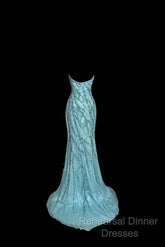 Vintage Mermaid Strapless Tulle Blue Beads Long Semi Formal Prom Gown Fairy Semi Formal Prom Dresses